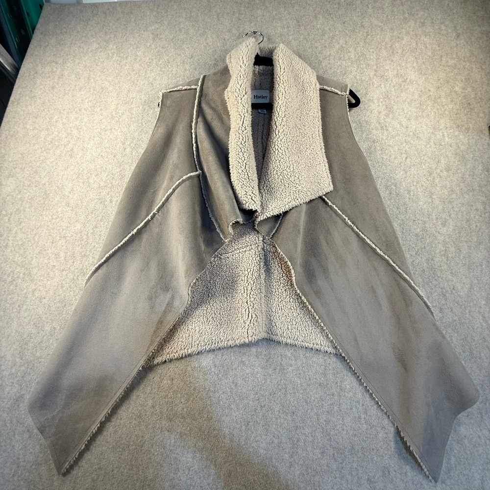 Hatley Womens Faux Suede Shearling Draped Open Front Vest Taupe Brown Small